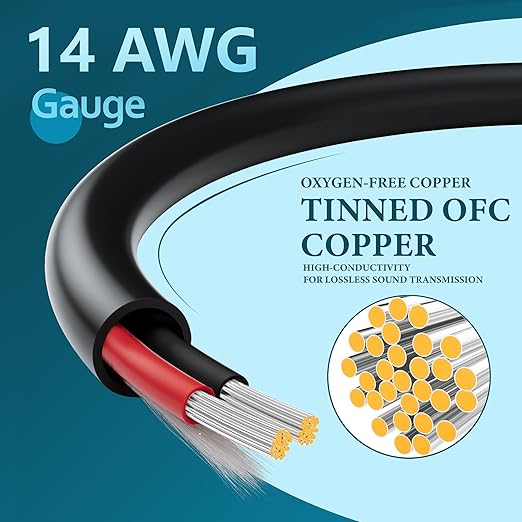 HiFind 14/2 Gauge Speaker Wire Cable 50 Ft-Tinned OFC Copper-UL CL3 Rated- Indoor/Outdoor-Pro Series 14 AWG-UV PVC Jacket&Cotton, Hi-Fi Sound for Car Audio,Home Theater Speakers,Stereos-Black