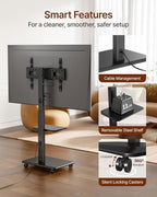 ECOTINY Steel Base Rolling TV Stand with Power Outlet for 32-75 inch TVs up to 110 lbs, Leveling & Tilt & Swivel Mobile TV Stand with Hidden Wire Management, Height Adjustable Portable Tv Stand, Black