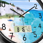 SCOAGE Silent Wall Clock with Temperature Day and Date Blue Mountain and Sea Beach Non-ticking Kitchen Clock Digital Large Display Battery Operated Clocks Decor for Bathroom Living Room Office 12 Inch