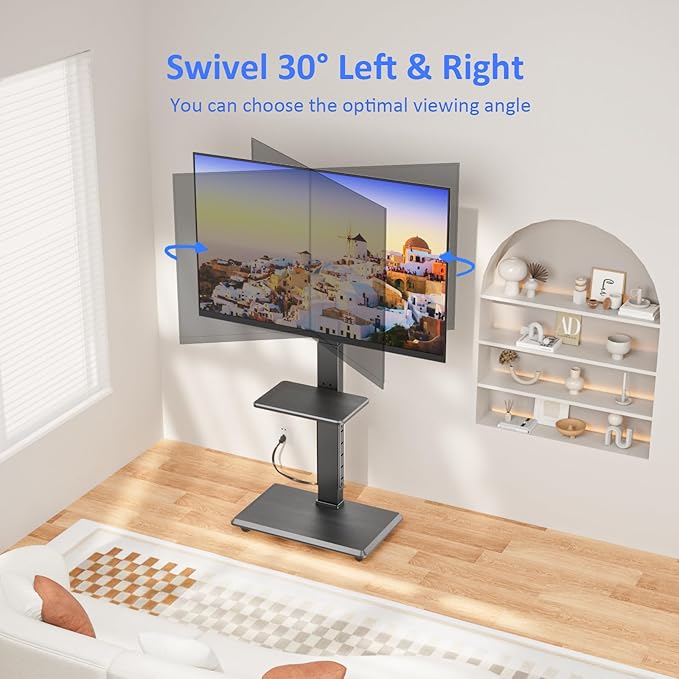 Rolling TV Stand with Power Outlet, Mobile TV Cart for 32-75 Inch TVs up to 110 lbs, 18 Adjustable Heights, Max VESA 600x400mm, TV Floor Stand with Swivel Mount/Shelf/Wheels, Fits for Bedroom, Outdoor