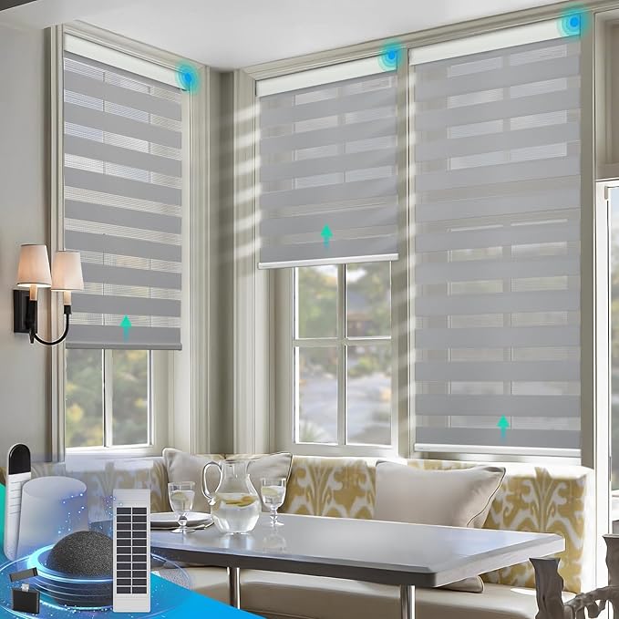 DENFOON Motorized Zebra Blinds, Solar Powered Dual Layer Automatic Shades with Remote Control, Gray， 29 x 72