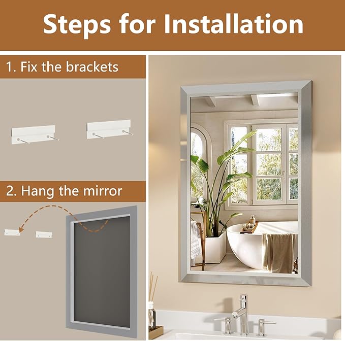 SMIROR Brushed Silver Bathroom Mirror for Over Sink, 24”x 28” Metal Thick Framed Rectangle Vanity Mirror for Wall, Right Angle Corner, Anti-Rust, Horizontally or Vertically Mounted