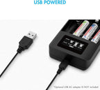 Tenergy TN474U 4-Bay NiMH/NiCD Battery Charger with LCD Display and USB Input, Portable Charger for AA/AAA NiMH and NiCD Batteries