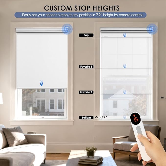 Motorized Roller Blinds with Remote Control & Solar Panel - 100% Blackout Smart Blinds, Automatic, Cordless, Electric Shades - Compatible with Alexa - White,39" W*72" H