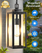 MYHXQ 15'' Large Motion Sensor Outdoor Pendant Lights, Dusk to Dawn Modern Outside Chandelier Outdoor Hanging Lantern with Clear Glass, Exterior Pendant Lighting Fixture for Porch, Yard, Black, 1Pack