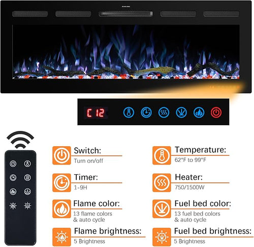 50" WiFi Electric Fireplace Inserts, Recessed and Wall Mounted Fireplace Heater W/Adjustable Flame Color & Brightness, Thermostat, 9H Timer, App and Remote Control, 750/1500W