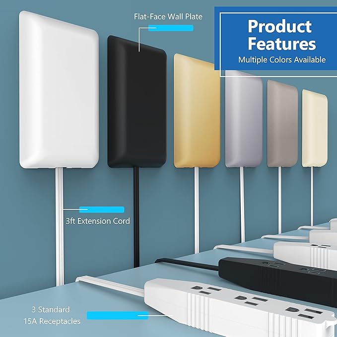 LIDER Flat-Face Outlet Extender with 3 Receptacles, Ultra-Thin Wall Plate Plug with Cord Extender and 3-Outlet Power Strip, 3ft Cord, LWE3-315-LA, ETL-Listed, Light Almond