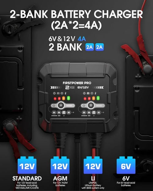 2-Bank, 4A (2A/Bank) Trickle Charger for Car Battery, 12V 6V Car Battery Charger, Automotive Battery Trickle Charger, Maintainer, for Motorcycle Lawn Mower AGM, Lithium Batteries-1PC