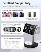 3 in 1 Wireless Charging Station for Apple Magsafe Charger Stand,15W Fast Magnetic Charging Station for iPhone 17 Air 16 15 14 13 12 11 Series, Watch Ultra & AirPods Apple Devices, Cell Phone Dock