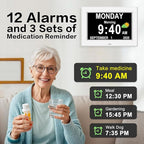 8‘’ Digital Calendar Day Clock, Gifts for People with Dementia Alzheimers, Large Display Alarms Clock for Seniors Electric Clocks with Date Day of Week 12 Alarms 4 Colors Auto DST/Dimmer