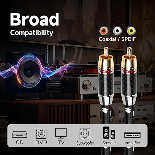 TODN Audiophile Digital Coaxial Audio Cable RCA to RCA Male Subwoofer Cable 75-Ohm SPDIF Coax with OCC-Core Dual Shielded for HiFi Systems (3ft /1m)