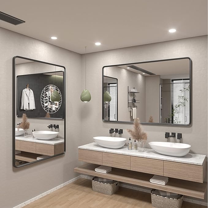 60x36 Black Matte Bathroom Mirror, Large Metal Framed Black Bathroom Vanity Mirror for Wall, Rounded Corner Rectangle Mirror, Anti-Rust, Shatterproof (Horizontally/Vertically)