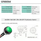 QTEATAK 1/2"(12mm) Pre-Wired Mounting Hole On/Off Green Mini Round Waterproof Momentary Push Button Switch JF-33B -2Pack
