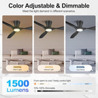 ocioc 42 inch Ceiling Fans with Lights and Remote, Dimmable Ceiling Fans with Reversible Quiet DC Motor, Flush Mount, 3CCT, Black Ceiling Fan for Bedroom Living Room Indoor/Outdoor