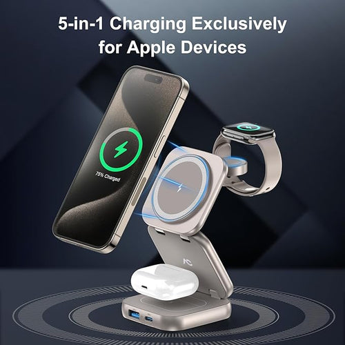 5-in-1 Wireless Charger for MagSafe, AC ISLAND Portable Travel Charging Station, 35W Max Fast Foldable Magnetic Stand, Evolved for iPhone 17-12 & Air Series, Apple Watch, AirPods (with 35W Adapter)
