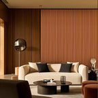 OUZUGIE WPC Acoustic Slat Wall Paneling, 8-Pack 114 x 6 Inches 3D Wall Panels for Interior Wall Decor,Living Room,TV Background,Study Room,Office Spaces,Bedroom,High Grille (Teak)