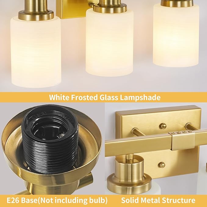 DIKAIDA 4-Light Gold Vanity Light, Modern Gold Bathroom Light Fixtures Over Mirror with Milky White Glass Shade, Bath Wall Mount Lights Wall Lamp for Mirror Bedroom, Living Room Hallway Kitchen
