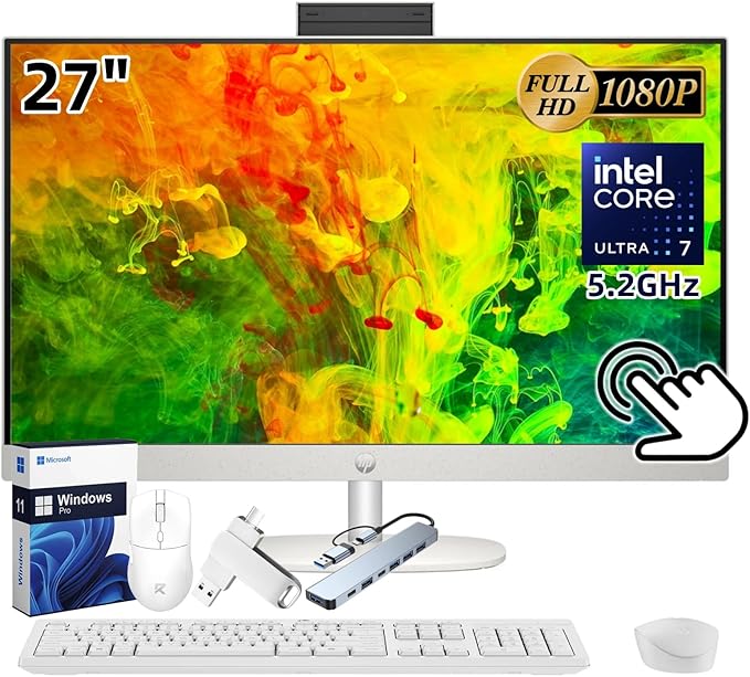 HP 27" All-in-One Touchscreen Desktop PC 2025 New, Intel Ultra 7 255U (Up to 5.2GHz), Intel AI Boost, 27 inch FHD Touchscreen Anti-Glare Display, 32 GB DDR5 5600MT/s, 2 TB Gen4 SSD, Windows 11 Pro