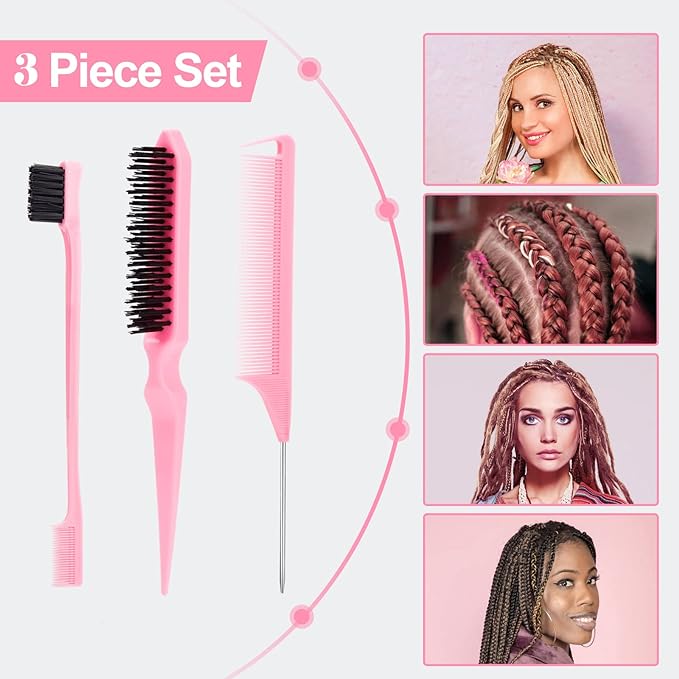 SWEET VIEW 3 Pcs Slick Back Hair Brush, Rat Tail Comb, Edge | Bristle Brush, Hair Accessories for Girls, Kids, Toddlers Sleek Ponytail/Bun, Edge Control and Smoothing Baby Hair & Flyaways