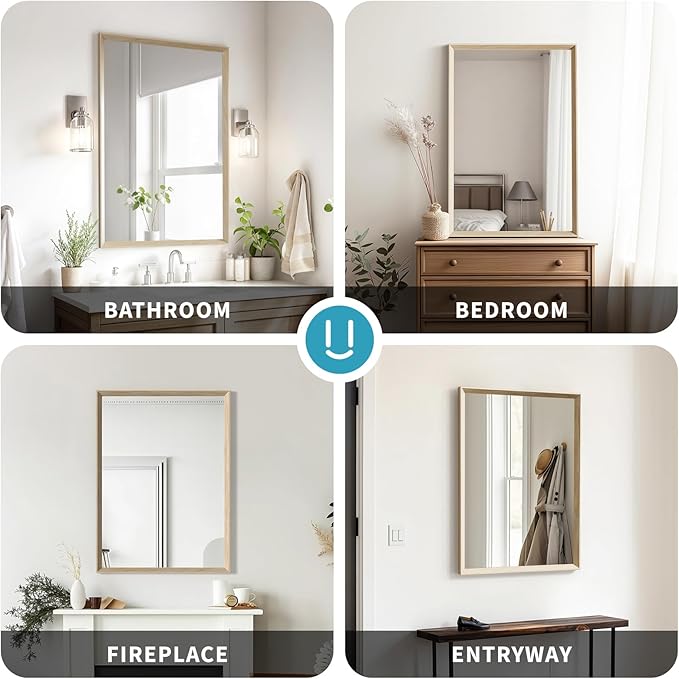 Oak Wood Effect Framed Wall Mirror, 20x30 Rectangle Mirror, Anti-desilvering Tempered Glass, Sustainable& Sturdy Frame, Anti-Rust, HD Reflection &3min Fast Setup for Bathroom Living Room