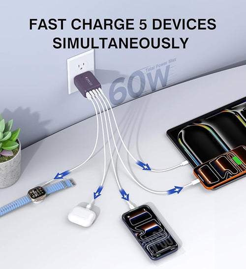 60W 2-Pack USB C Wall Charger Block, 5-Port C Charger Fast Charging Block PD Power Adapter +QC 3.0 Multiport Type C Box Brick Cube USB A Wall Plug for iPhone 14/15/16/17 Pro Max,Samsung Galaxy(Purple)