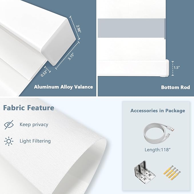 COOLWINDS Motorized Zebra Blinds for Windows Cordless Electric Curtains with Remote Control Blackout Shades Custom Smart Blinds Compatible with Alexa Google Home(Light Filtering White,W53 X 72in)