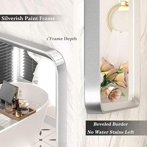 66x36 Inch Silver Framed Mirror, Silver Bathroom Vanity Mirror for Wall, Brushed Nickel, Rounded Rectangle Mirror, Shatterproof, Anti-Rust (Horizontal/Vertical)
