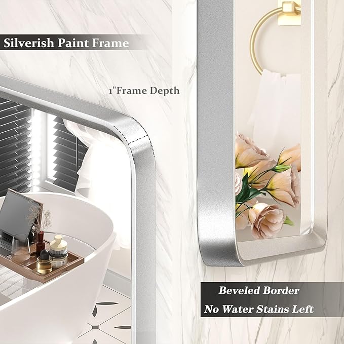 30x36 Inch Silver Bathroom Mirror, Brushed Silver Metal Frame Mirror, Rounded Rectangle Bathroom Vanity Mirror, Shatterproof, Anti-Rust (Horizontal/Vertical)