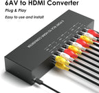 Arector 6 Port RCA to HDMI, 1080P/720P 6 Way AV to HDMI Converter Composite CVBS AV Switch to HDMI Converter Adapter Support 4:3/16:9 Switching, for Sega Xbox PS2 PS3 N64 NGC SNES WII VHS VCR Camera