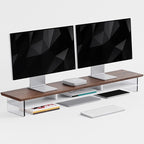 FENSULN Dual‑Tier Monitor Stand for Modern Desk Setup – Minimalist Wooden and Metal Riser Shelf with Transparent Acrylic Feet for Dual Monitors, Laptops, Home Office Aesthetic，Brown and White