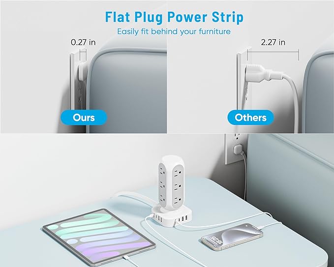 TenTrend 65W Fast Charging Station, Flat Plug Power Strip Tower with 12 AC Outlets & 8 USB Ports (2 PD USB-C Ports), 10FT Extension Cord, Compatible for MacBook Pro, iPhone Series.