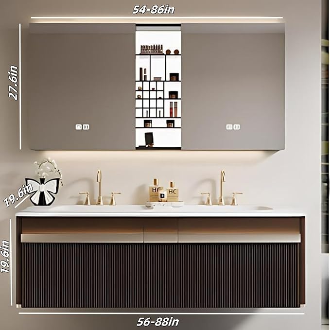 Bathroom Vanity with Double Sink - Bathroom Cabinet Vanity Including Grille Shaped Panel | Bathroom Vanity Double Sink, Soft Light LED Lights & Smart Defogging Mirror (Mirror Cabinet, 60IN)