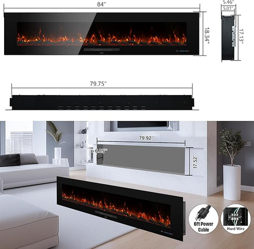 84 inches Electric Fireplace, Recessed & Wall Mounted Fireplace Heater 13 * 13 Colors Flame &Fuel Bed w/5 Dimmer, Touchscreen &Remote Control Temp, Overheating Protect, Hardwired, 1500W, Black