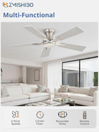 ZMISHIBO 42 Inch Ceiling Fan No Light, Flush Mount Low Profile, Modern Nickel Ceiling Fan Without Light, Remote Control & Quiet DC Motor, for Indoor&Outdoor, Bedroom, Living Room