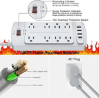Surge Protector Power Strip - Nuetsa Flat Plug Extension Cord with 8 Outlets and 4 USB Ports, 6 Feet Power Cord (1625W/13A), 2700 Joules, ETL Listed, Grey