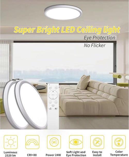 4Pack 12 Inch Remote Control Dimmable LED Flush Mount Ceiling Light Panel,24W 2520LM,2700K-6000K Adjustable Color,Ultra Thin Round White Ceiling Light Fixture for Hallway Kitchen Bedroom Home Office