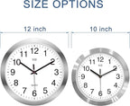 HITO 12 Inch Silent Wall Clock Battery Operated Non Ticking Glass Cover Silver Aluminum Frame, for Kitchen, Bedroom, Home Office, Living Room Decor