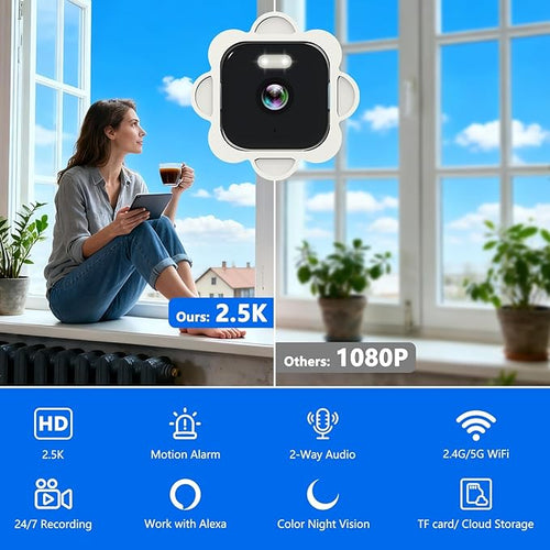 2.5K Window Camera, 5GHz & 2.4GHz Window Security Cameras with Color Night Vision, WiFi Camera with Motion Detection, Continuous Recording, Spotlight Siren, Real-Time Alerts, 2-Way Audio (White)
