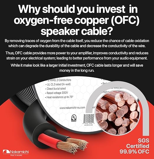 Nakamichi 16/2 (100-Foot) in-Wall & Direct Burial (UL CL2 CL3 Rated) Oxygen-Free Copper (OFC) 2-Conductor Speaker Cable Wire, Outdoor In-Ground, in-Ceiling, Riser, Black (16AWG / 100ft / 30.48m)