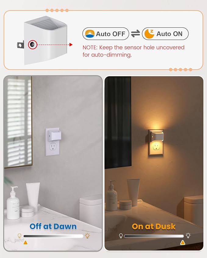 NIORSUN Plug in Night Light, Auto Brightness Sensor Night Light, 3000K Warm White, Ultra-Slim Wall Light for Hallway Bathroom Bedroom Stairs, White, 2 Pack