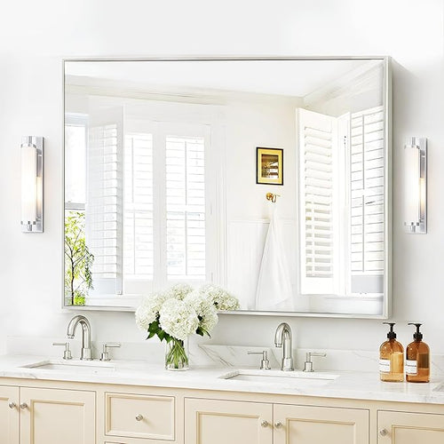 40x48inch Silver Bathroom Mirror, Silver Rectangle Mirror with Frame, Large Rectangular Wall Mirrors for Bathroom, Living Room, Hair Salon, Big Farmhouse Mirror Hang Horizontal/Vertical