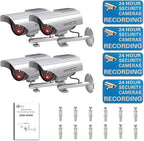 WALI Solar Powered Bullet Dummy Fake Simulated Surveillance Security CCTV Dome Camera Indoor Outdoor with 1 LED Light, Security Alert Sticker Decal (SOLTC-S4), 4 Packs, Silver