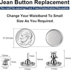 TOOVREN 8 Sets Jean Buttons for Loose Jeans, No Sew No Tool Instant Replacement Button Pins Adjustable Pant Waist Tightener to Make Smaller, Reusable Extra Pants Clips to Tighten Waist, Silver