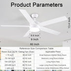 POCHFAN 60 Inch White Ceiling Fans with Lights and Remote Control,Quiet Modern Ceiling Fan for Bedroom,Living Room, Dining Room,Dimmable 3-Color Temperatures 6-Speed