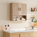Bathroom Cabinet Wall Mount with Fluted Door Panel & Adjustable Shelf, Medicine Cabinet with Open Partition and Towel Bar, Wall Storage Cabinet for Laundry Room & Kitchen (Natural Oak)