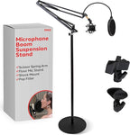 Pyle Microphone Boom Suspension Stand - Scissor Arm Mic Mount w/Shock Mount, Integrated Pop Filter, 3.1' ft. Max Extension, Suitable for Podcast Recording, Broadcasting, Streaming, Stage & Studio Use