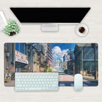 Desk Mat, Anime Summer Street Scenery Extended Gaming Mouse Pad Large, 35.4"x15.7" Big Mouse Pad with Non-Slip Base and Stitched Edge, Long Computer Keyboard Mouse Mat for Home Office Work