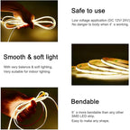 COB LED Strip Lights DC 12V LED Lights Flexible Super Bright LED Strips, 5Pack 16.4FT 4000K Natural White CRI 90+, 480LEDs/m High Density Uniform Light fo Home Room Decor (No Adapter or Controller)