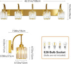 FDPBY 5-Light Crystal Vanity Light, Modern Gold Bathroom Wall Sconce with K9 Crystal Shades, 42.51" Long Over Mirror Lighting for Vanity, Makeup, Hallway, Elegant & Easy Installation