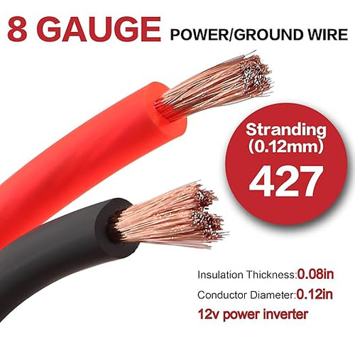 8 Gauge Wire (50ft Each - Red/Black) Copper Clad Aluminum CCA - Primary Automotive Wire,Car Amplifier Power & Ground Cable, 20PCS Lugs Terminal Connectors,20PCS 2:1 Heat Shrink Tubing